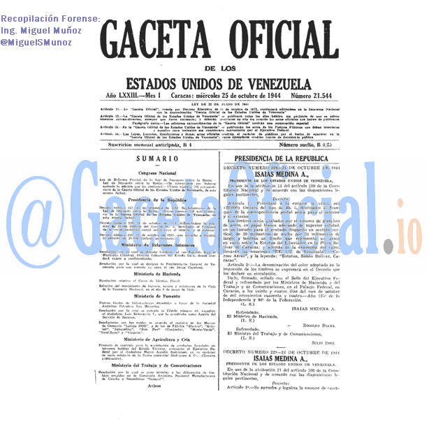 Gaceta Oficial 21544 del 25 Octubre 1944