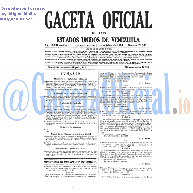 Gaceta Oficial 21549 del 31 Octubre 1944
