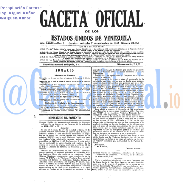 Gaceta Oficial 21550 del 1 Noviembre 1944