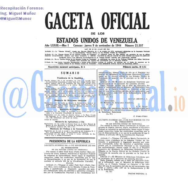 Gaceta Oficial 21557 del 9 Noviembre 1944