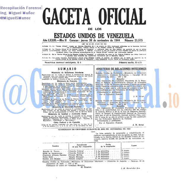 Gaceta Oficial 21575 del 30 Noviembre 1944