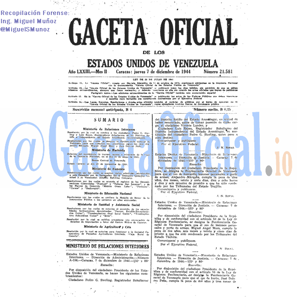 Gaceta Oficial 21581 del 7 Diciembre 1944