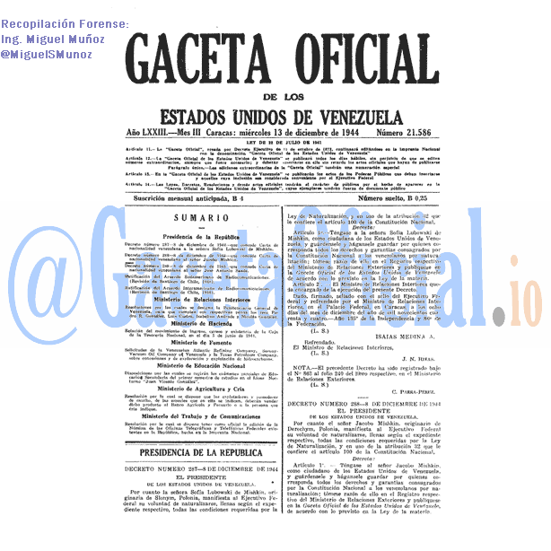 Gaceta Oficial 21586 del 13 Diciembre 1944