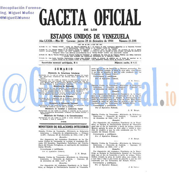 Gaceta Oficial 21598 del 28 Diciembre 1944