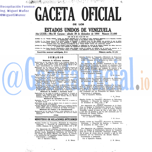 Gaceta Oficial 21600 del 30 Diciembre 1944