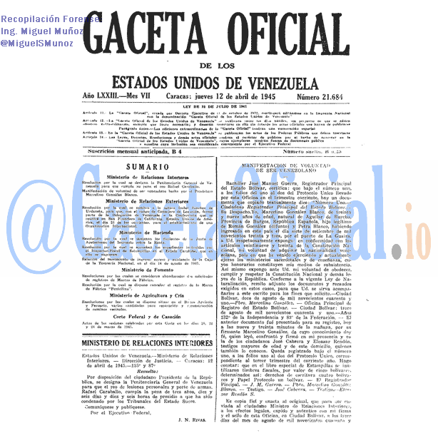 Gaceta Oficial 21684 del 12 Abril 1945