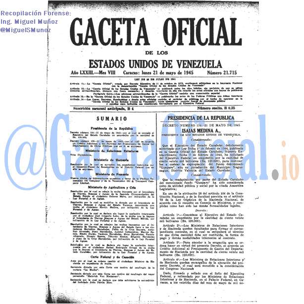 Gaceta Oficial 21715 del 21 Mayo 1945