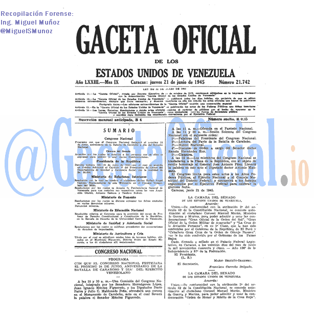 Gaceta Oficial 21742 del 21 Junio 1945