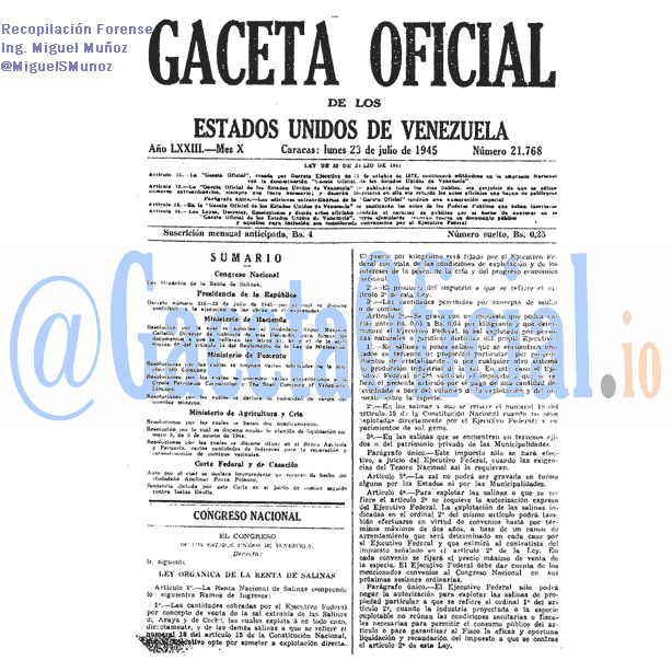 Gaceta Oficial 21768 del 23 Julio 1945