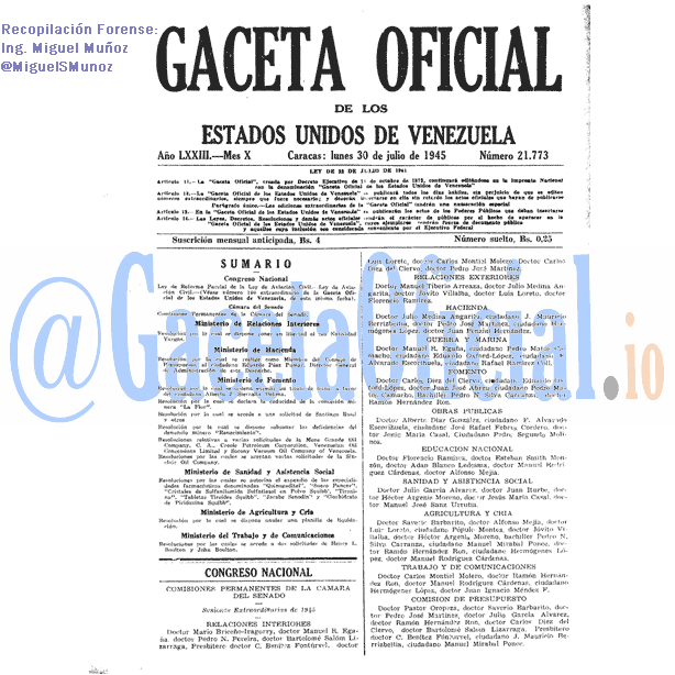 Gaceta Oficial 21773 del 30 Julio 1945