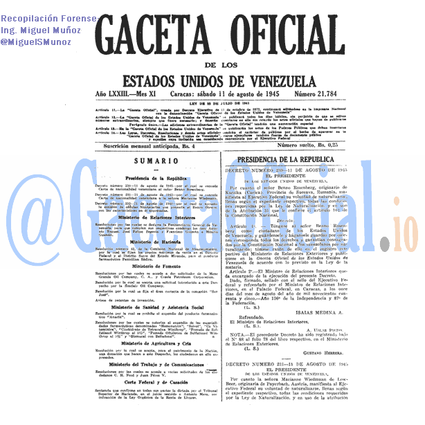 Gaceta Oficial 21784 del 11 Agosto 1945