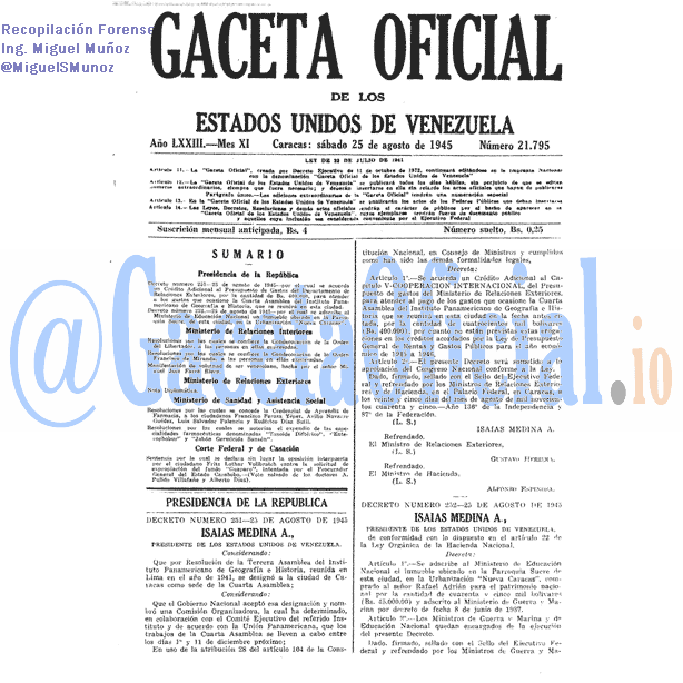 Gaceta Oficial 21795 del 25 Agosto 1945