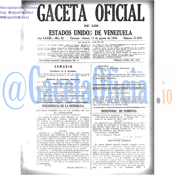 Gaceta Oficial 21800 del 31 Agosto 1945