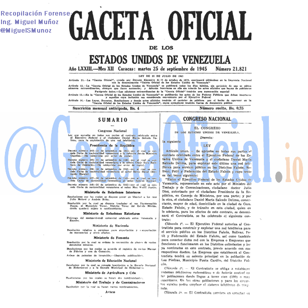 Gaceta Oficial 21821 del 25 Septiembre 1945