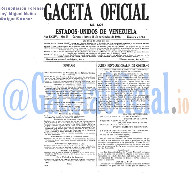 Gaceta Oficial 21861 del 15 Noviembre 1945