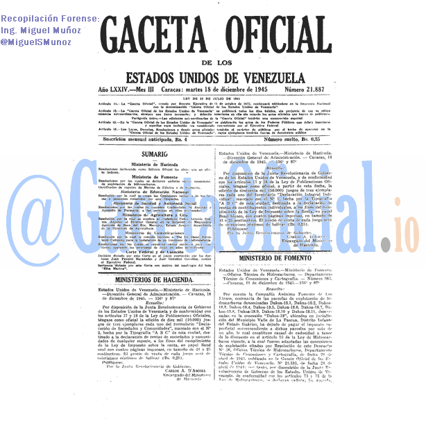 Gaceta Oficial 21887 del 18 Diciembre 1945