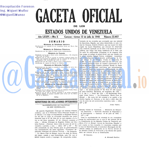 Gaceta Oficial 22057 del 12 Julio 1946