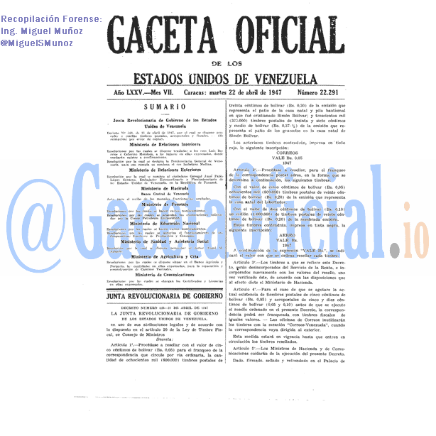 Gaceta Oficial 22291 del 22 Abril 1947