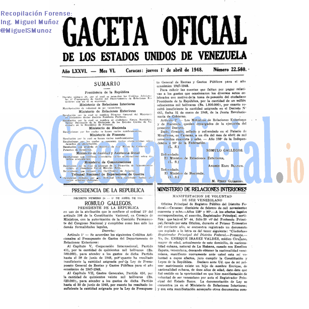 Gaceta Oficial 22580 del 1 Abril 1948