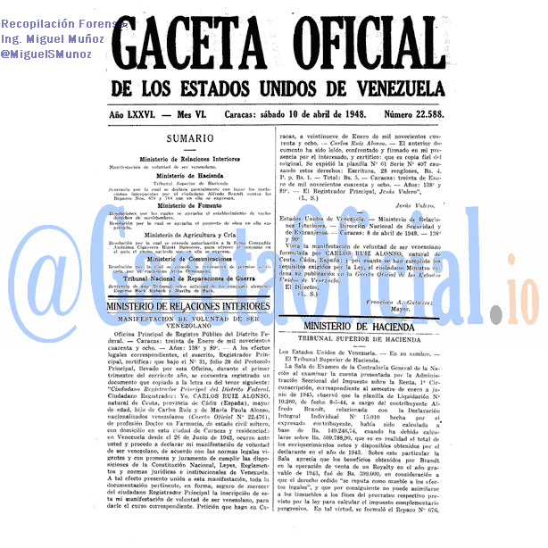 Gaceta Oficial 22588 del 10 Abril 1948