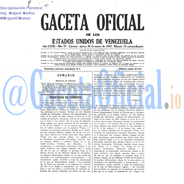 Gaceta Oficial 73 del 30 Marzo 1944