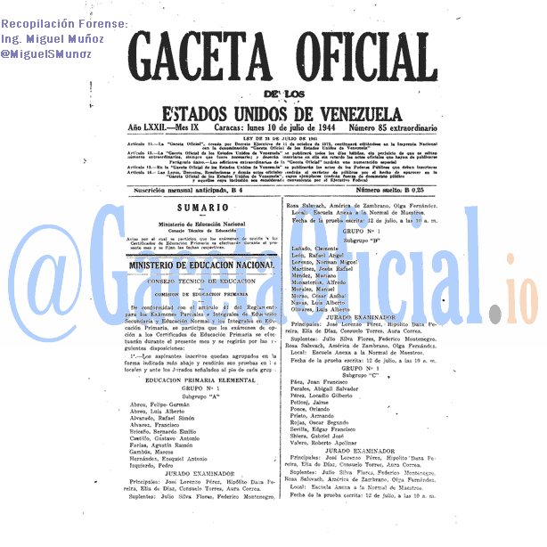 Gaceta Oficial 85 del 10 Julio 1944