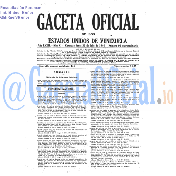 Gaceta Oficial 91 del 31 Julio 1944