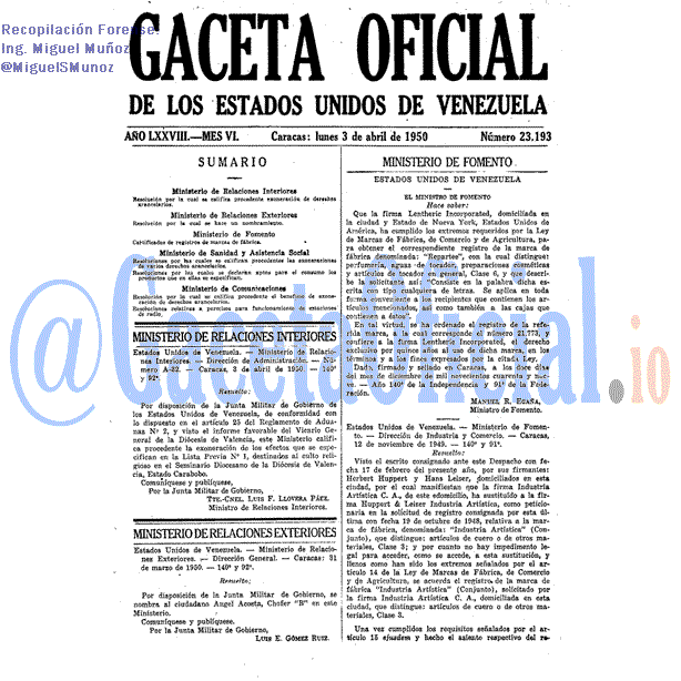 Gaceta Oficial 23193 del 3 Abril 1950