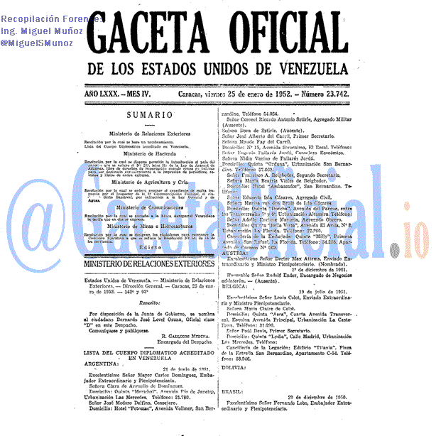 Gaceta Oficial 23742 del 25 Enero 1952