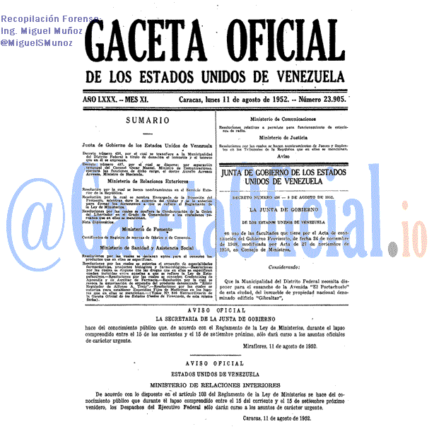 Gaceta Oficial 23905 del 11 Agosto 1952