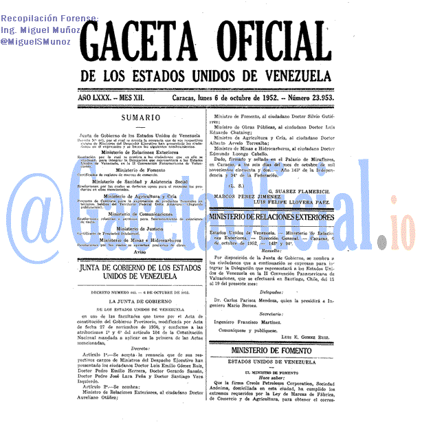 Gaceta Oficial 23953 del 6 Octubre 1952