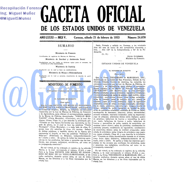 Gaceta Oficial 24070 del 21 Febrero 1953