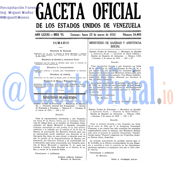 Gaceta Oficial 24095 del 23 Marzo 1953