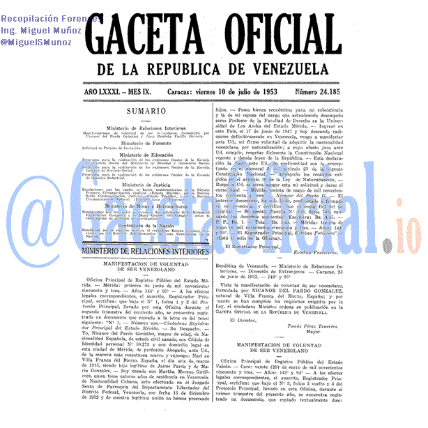 Gaceta Oficial 24185 del 10 Julio 1953