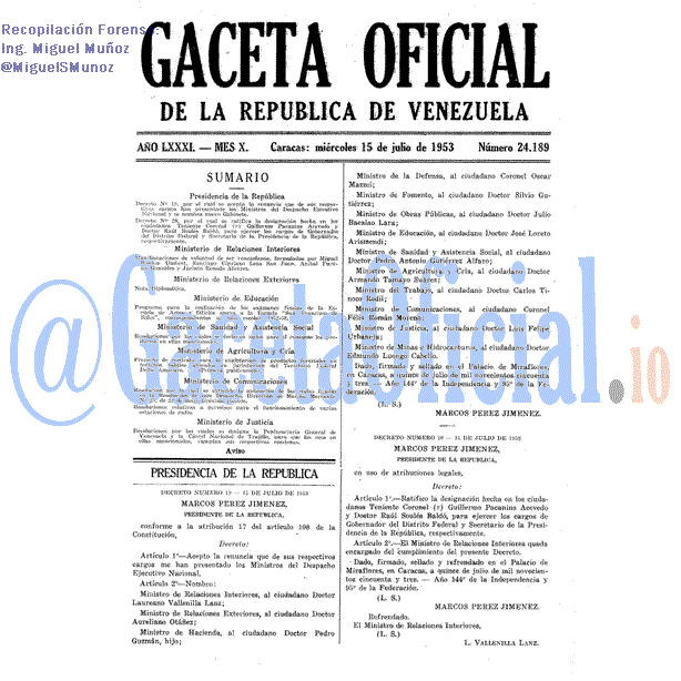 Gaceta Oficial 24189 del 15 Julio 1953