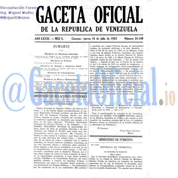 Gaceta Oficial 24190 del 16 Julio 1953