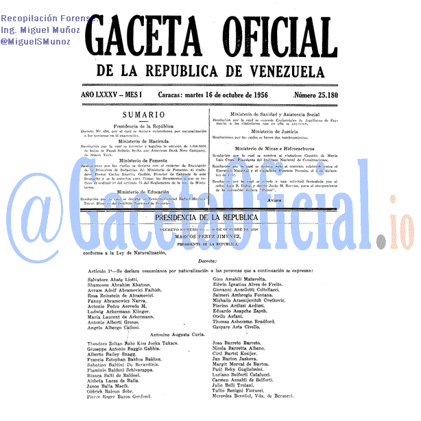 Gaceta Oficial 25180 del 16 Octubre 1956