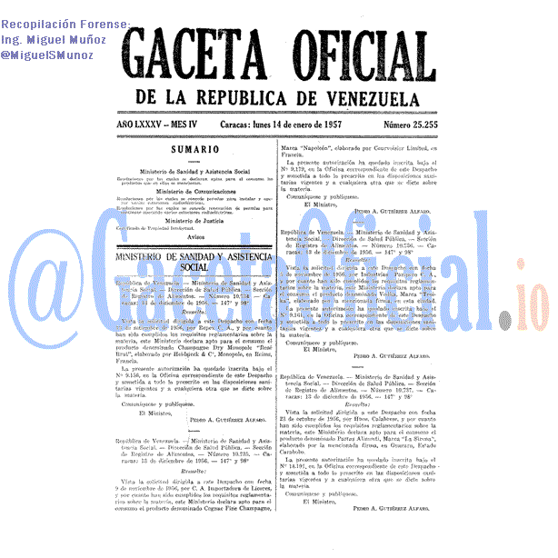 Gaceta Oficial 25255 del 14 Enero 1957