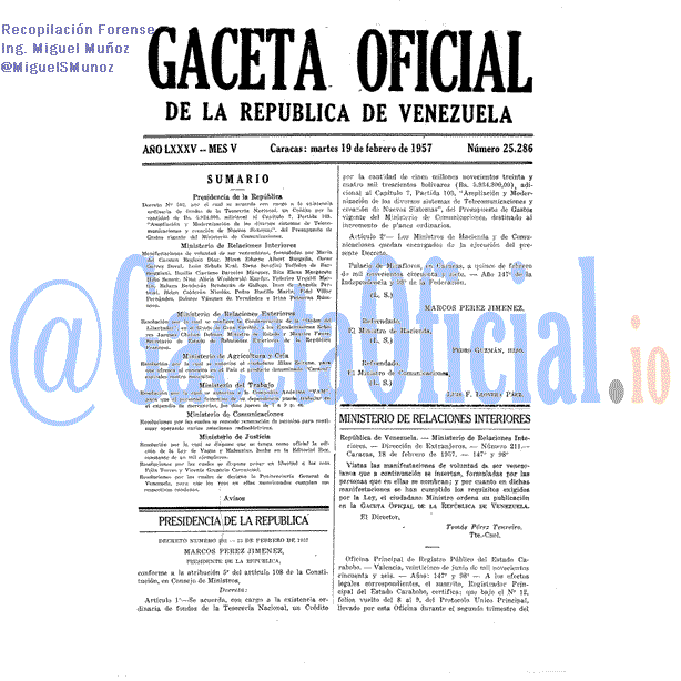 Gaceta Oficial 25286 del 19 Febrero 1957