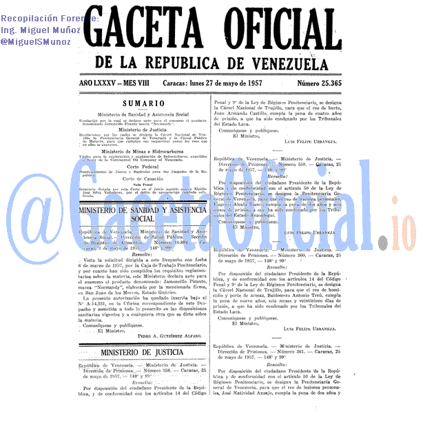 Gaceta Oficial 25365 del 27 Mayo 1957