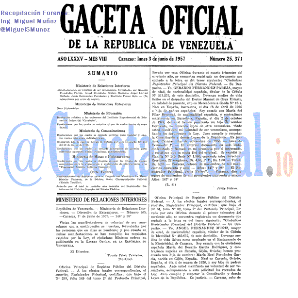 Gaceta Oficial 25371 del 3 Junio 1957