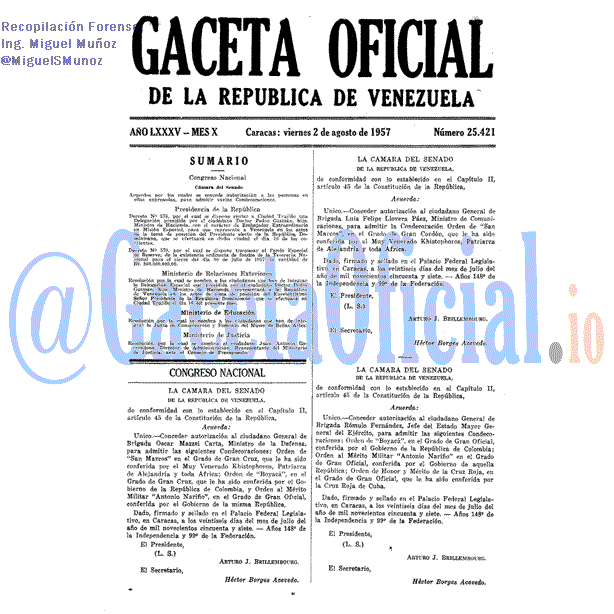 Gaceta Oficial 25421 del 2 Agosto 1957