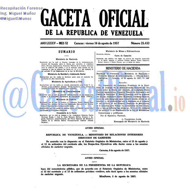 Gaceta Oficial 25433 del 16 Agosto 1957