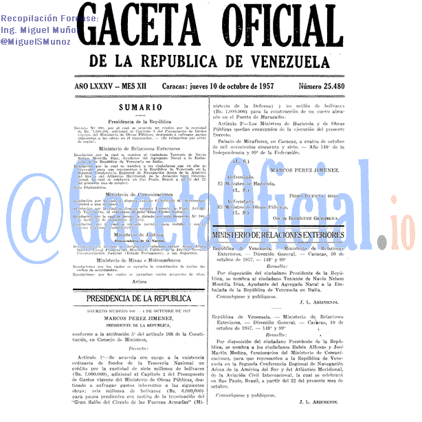 Gaceta Oficial 25480 del 10 Octubre 1957