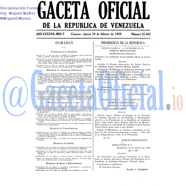 Gaceta Oficial 25892 del 19 Febrero 1959