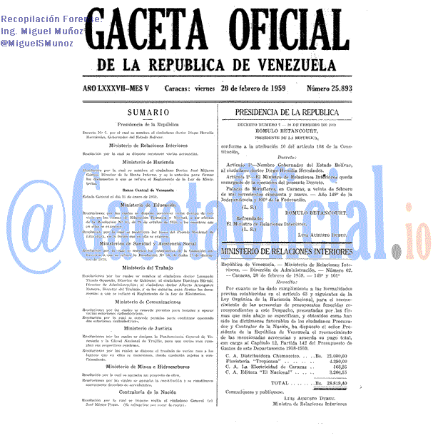 Gaceta Oficial 25893 del 20 Febrero 1959