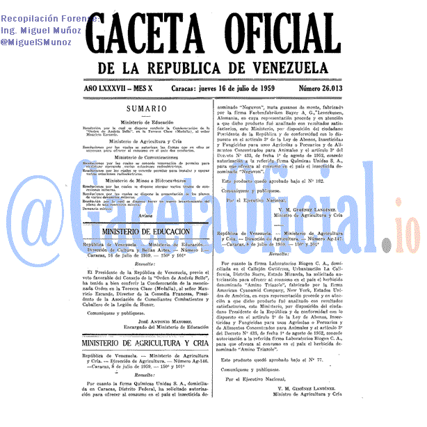 Gaceta Oficial 26013 del 16 Julio 1959