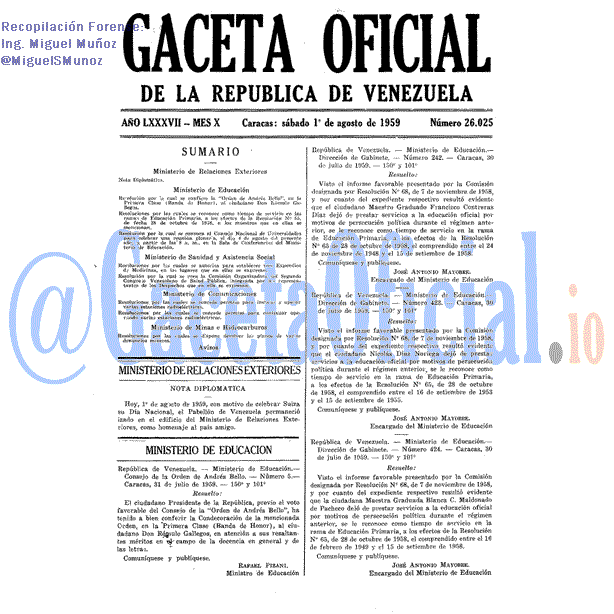 Gaceta Oficial 26025 del 1 Agosto 1959