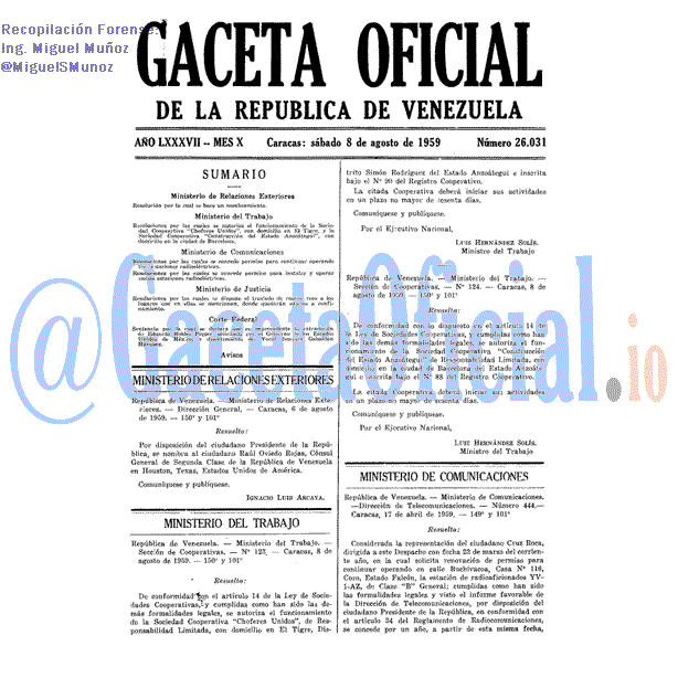Gaceta Oficial 26031 del 8 Agosto 1959