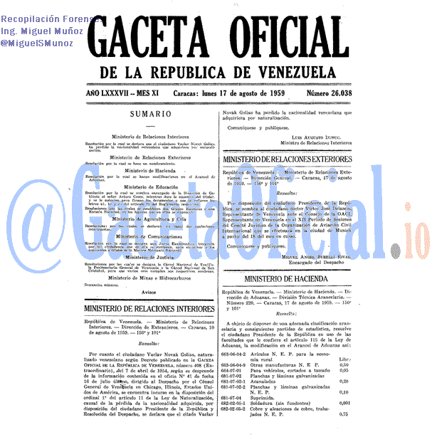 Gaceta Oficial 26038 del 17 Agosto 1959